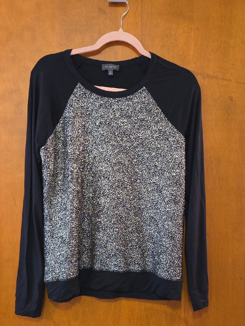 The Limited Black Long-Sleeve Metallic Front Raglan Top M